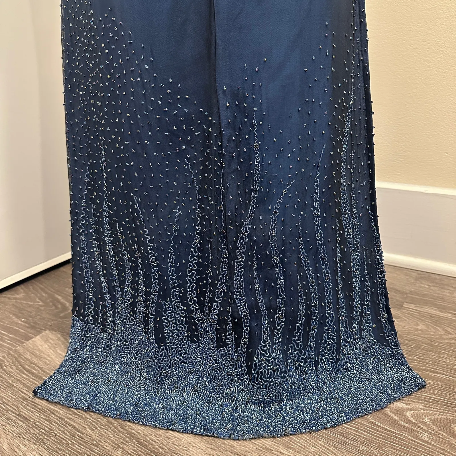 Vintage Y2K Silk Beaded Ombre Blue Halter Maxi Gown Mermaid Fairy Hoco Prom Glam - Image 12