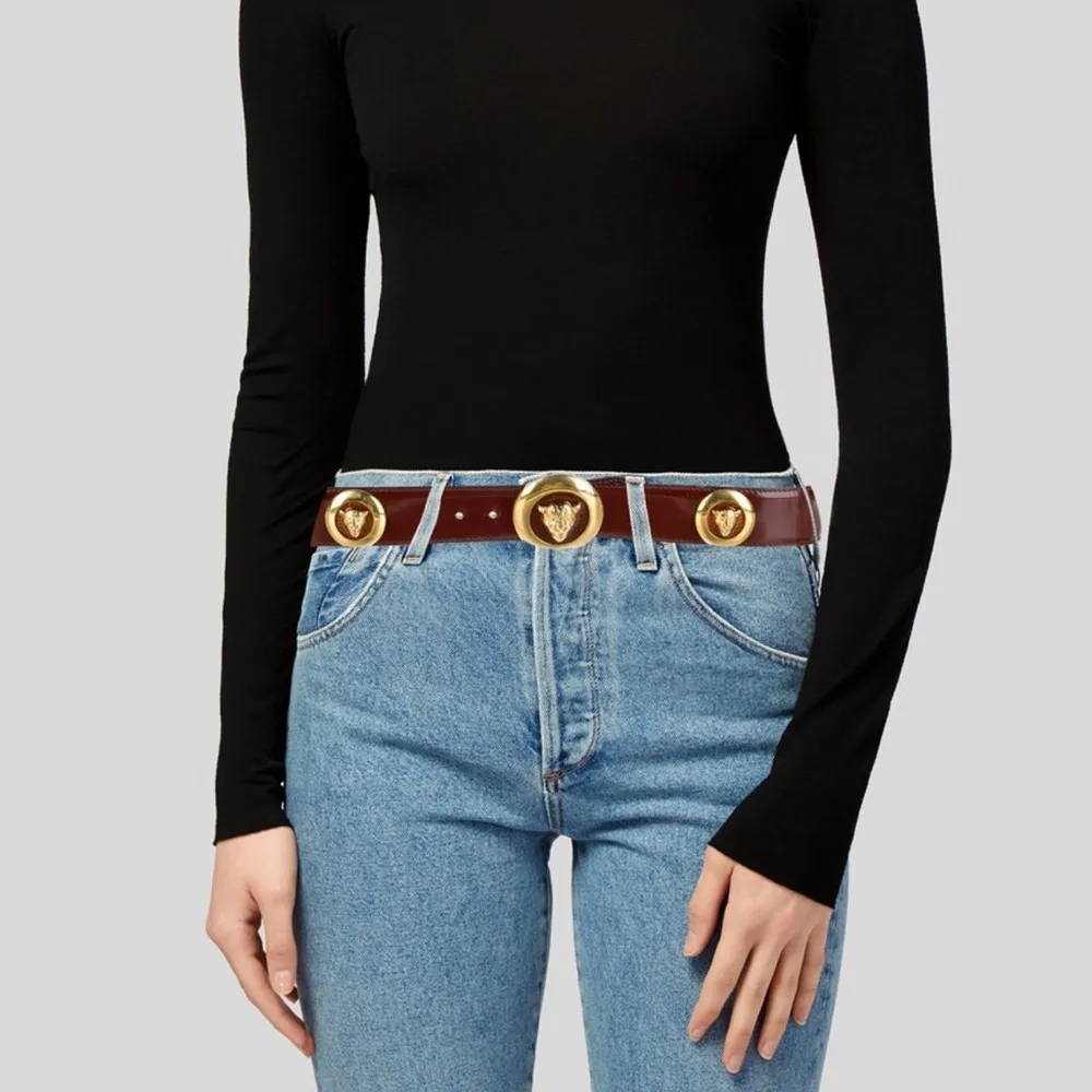 Vintage Escada Tiger Head Belt Brown Patent Leather Gold Medallion sz 38 - Image 4