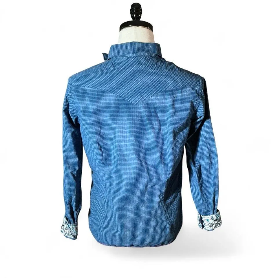 Rough Stock Western Shirt Blue Gingham Purple Embroidered Hearts Snap Front M Size M - Image 2