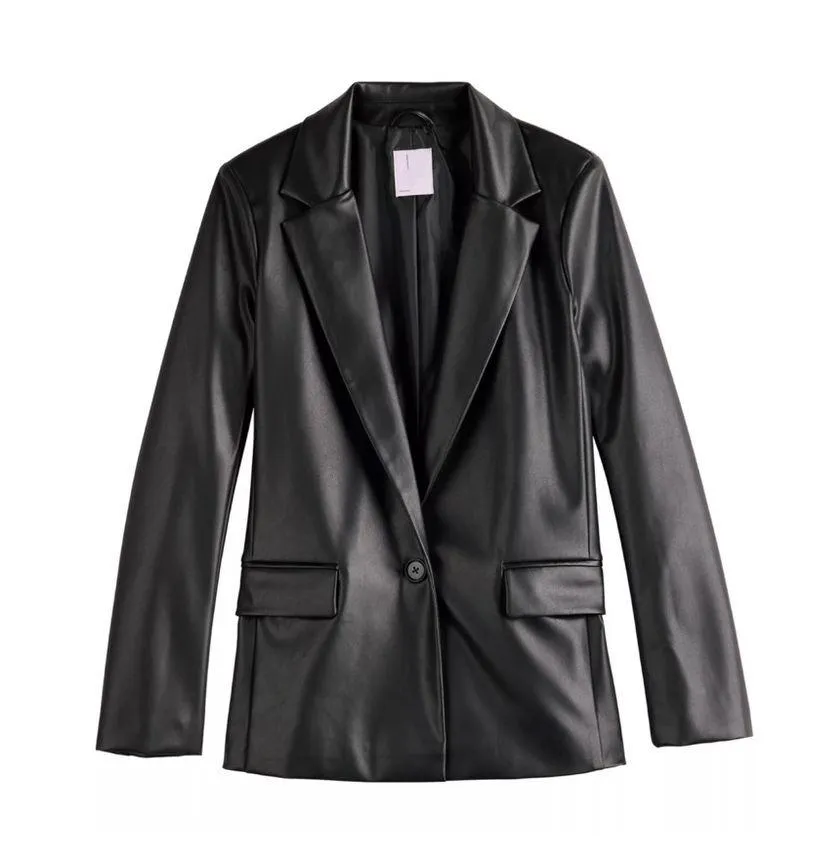 Black Oversized Faux Leather Blazer — NWT — Large — V Neck Button Pockets - Image 2