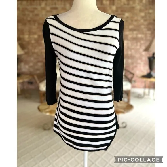 WHBM Sweater Tunic Striped Black White Metallic Asymmetrical S Preppy Casual Mod - Image 3