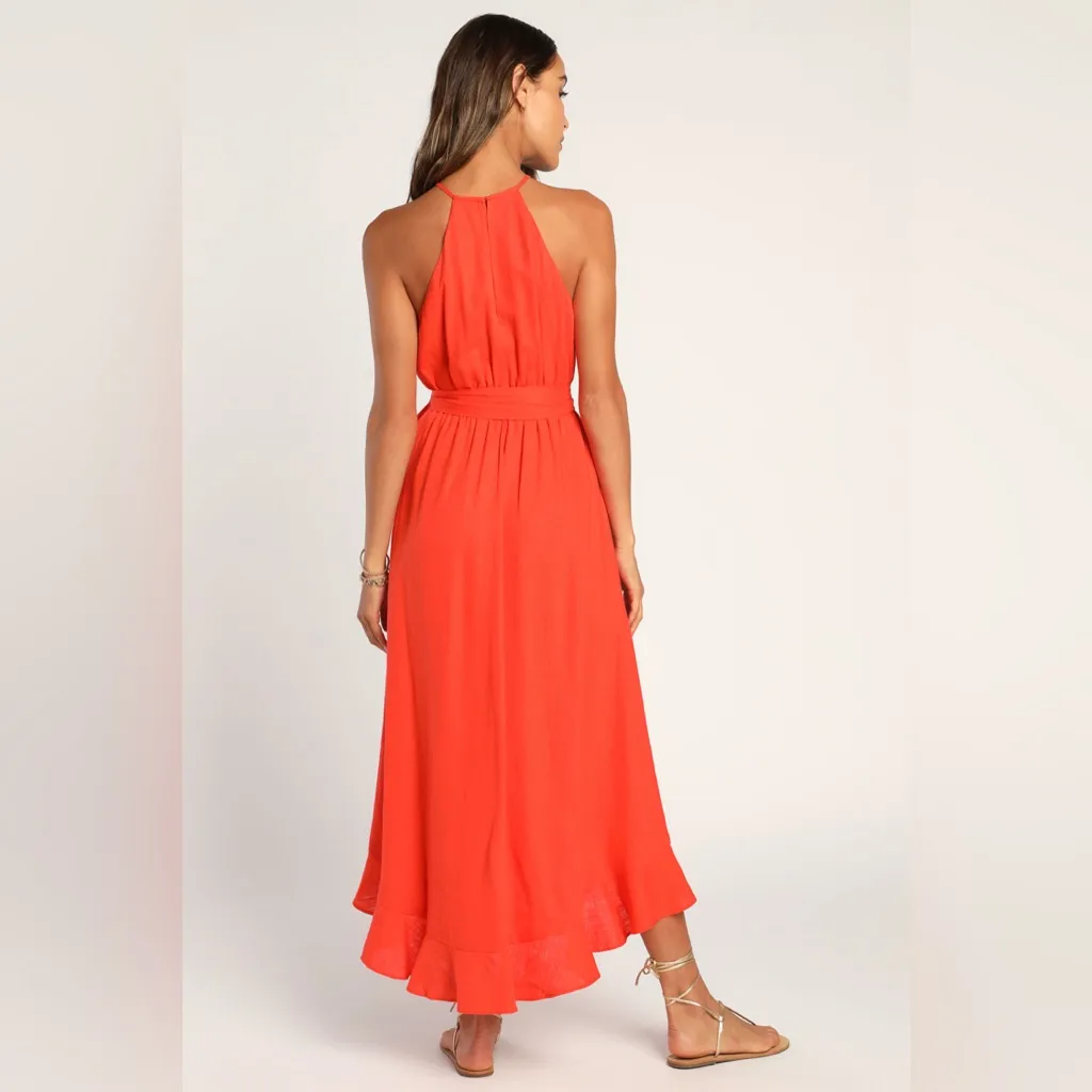 Lulus Bright Expression Orange Faux-Wrap Ruffled Midi Dress - Image 3