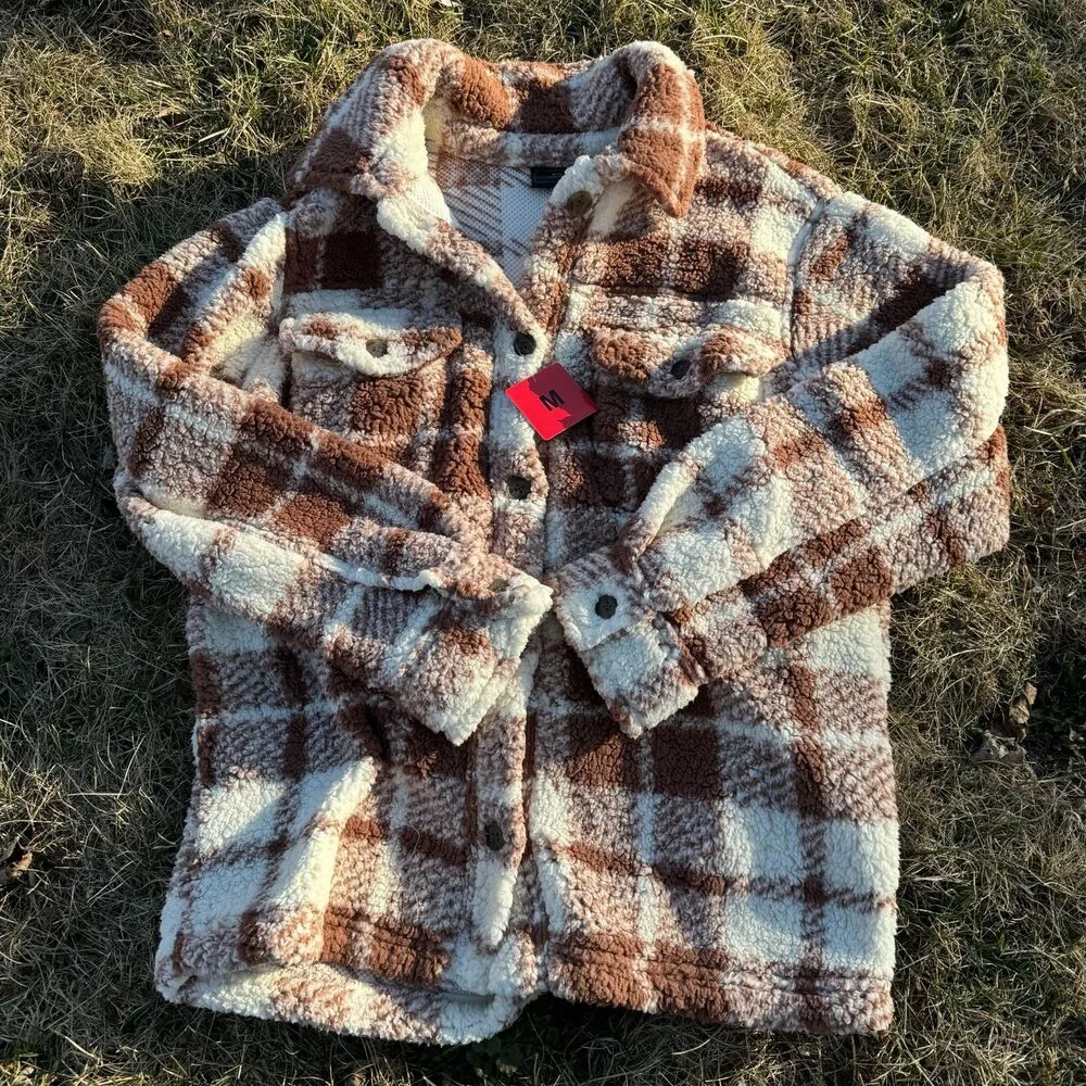 32 Degrees Ladies' Cozy Sherpa Shirt Jacket Plaid Brown Cream - Image 3