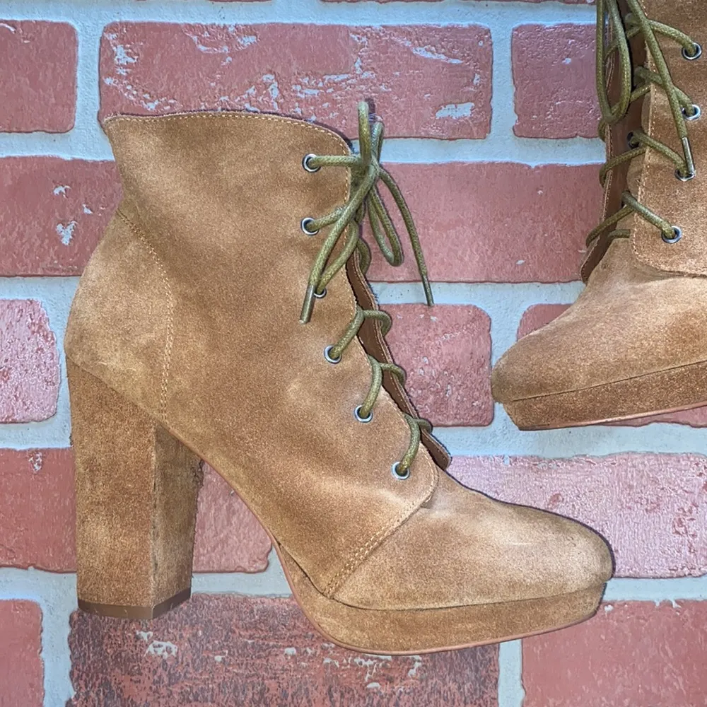 Urban Outfitters Kimchi blue leather suede tan lace up chunky heel boot - Image 3