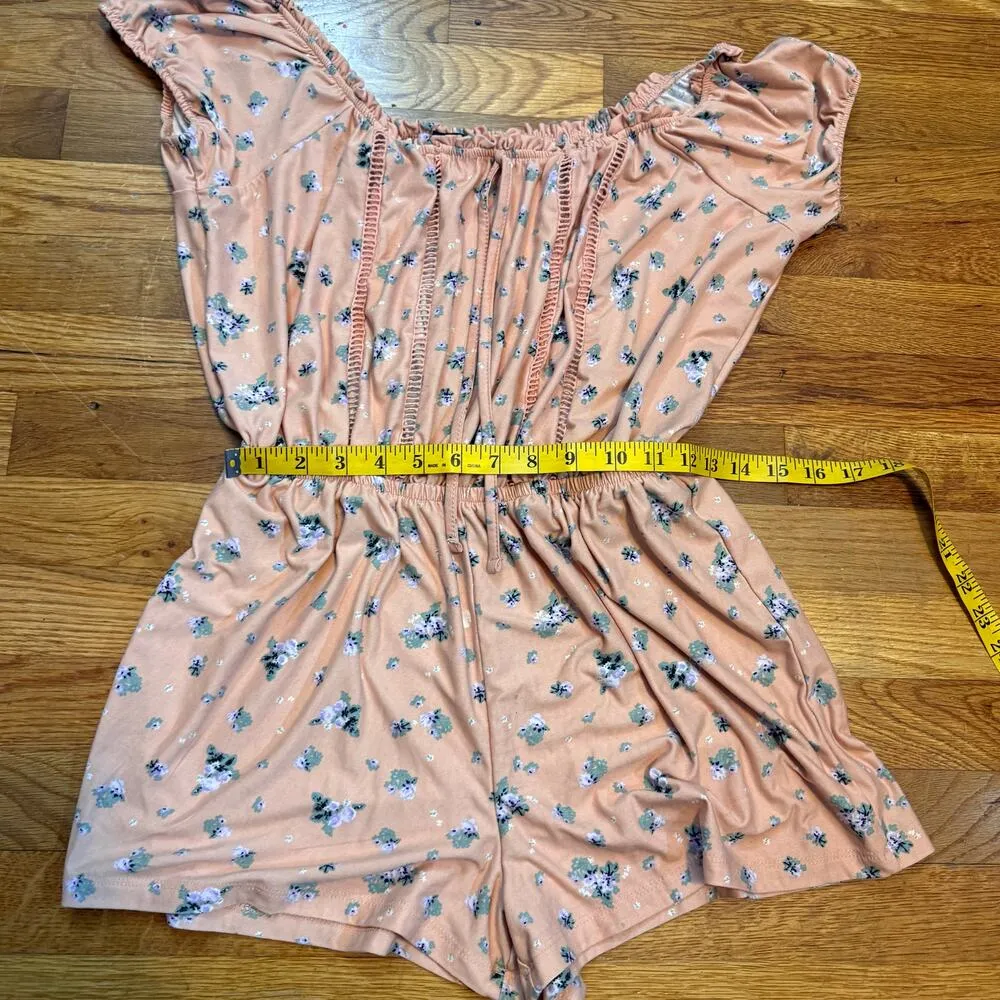 Rue 21 Juniors Medium Pink Floral Ruffle Off Shoulder Romper Shorts Cottagecore - Image 2