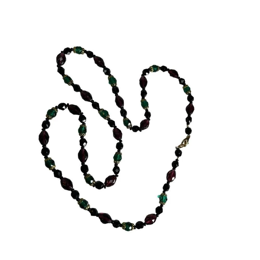 Vintage Jewellery Gorgeous Art Deco Emerald Green Glass & plum Pendant Necklace Purple - Image 3