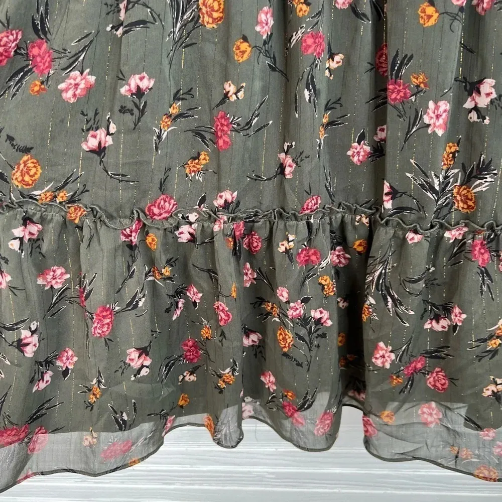 DREW Anthro Green Floral Print Dress Gold Stripes Long Sleeves Smocked Size L - Image 7