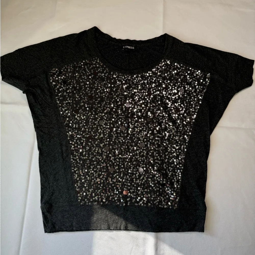 Express Gray Sequin Short Sleeve T-Shirt - Image 2