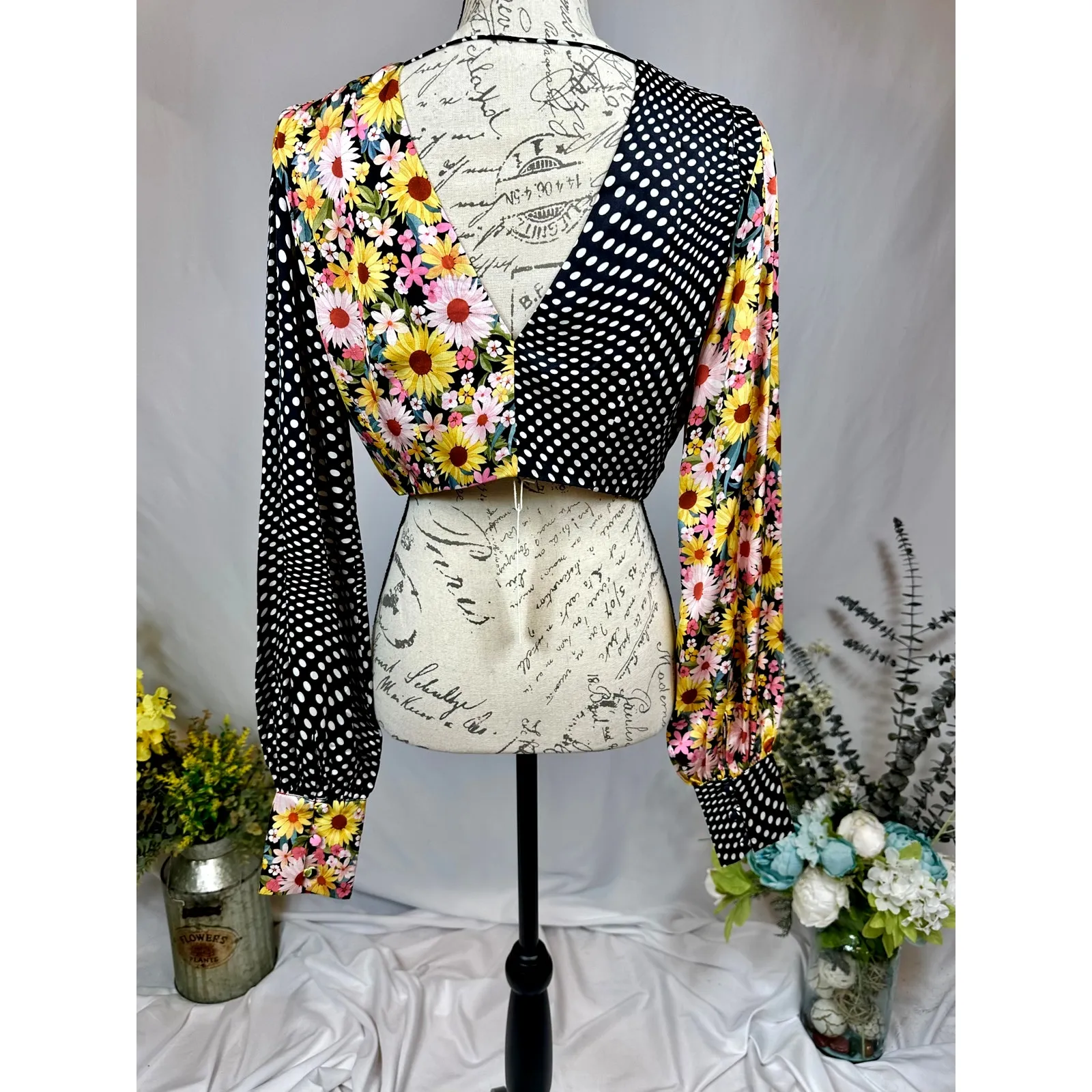 For Love and Lemons Daisy Polka Dot Long Sleeve Tie Anya Crop Top S - Image 10