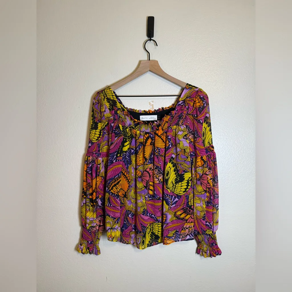 Anthropologie Alexandra Farmer Puff Sleeve Floral Butterfly Blouse - Image 2