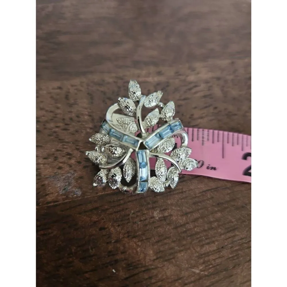 Vintage 90's Womens Chunky Blue & Silver Floral Leafy Rhinestone Earrings Elegan - Image 3