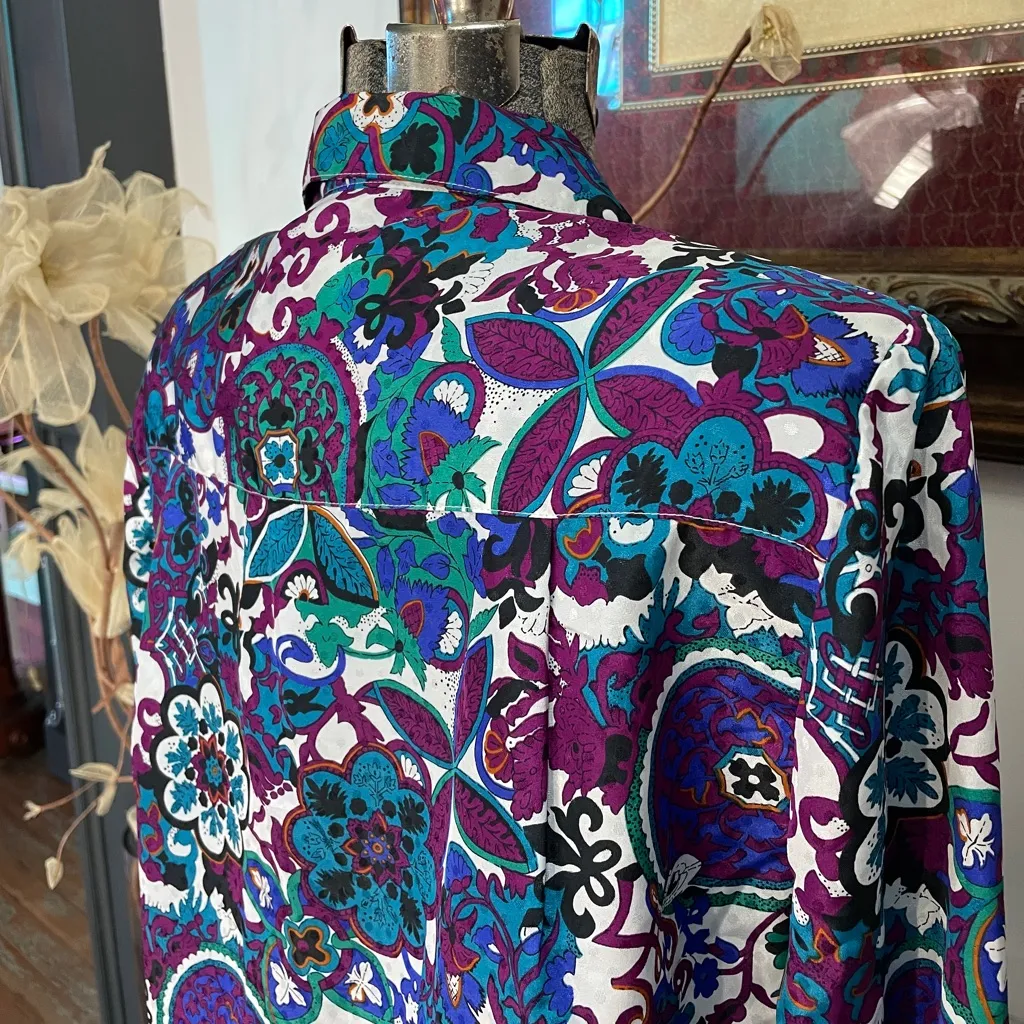 Vintage 70s 80s Pykettes Abstract Floral Pleated Button Up Blouse 💚🎀 Purple Size L - Image 7