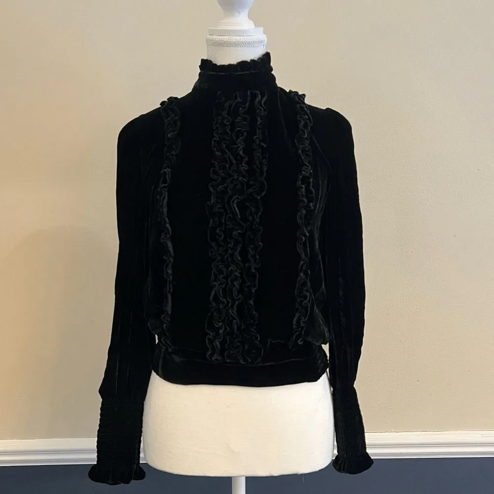 FRAME Victorian Velvet Ruffle Blouse Black  High Neck Size Small - Image 5
