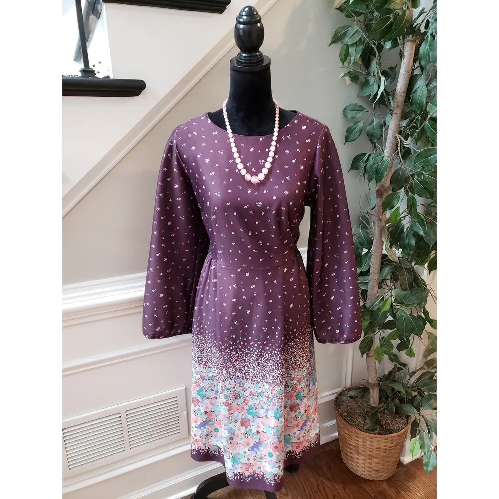 Vintage Purple Floral Midi Dress Boho Long Sleeve M Retro Modest Large - Image 2