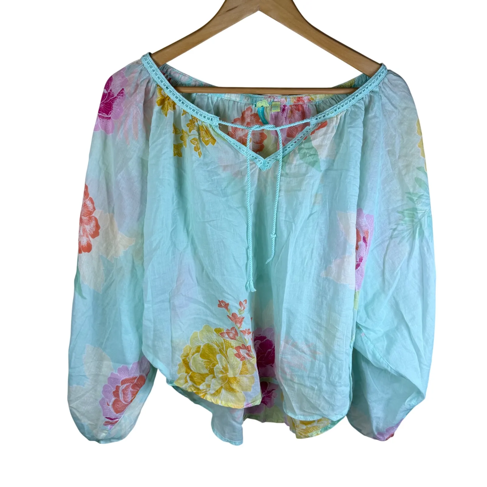 Farm Rio Floral Basel Peasant Womens Light Blue Print Tie Neck Blouse Top Med - Image 2