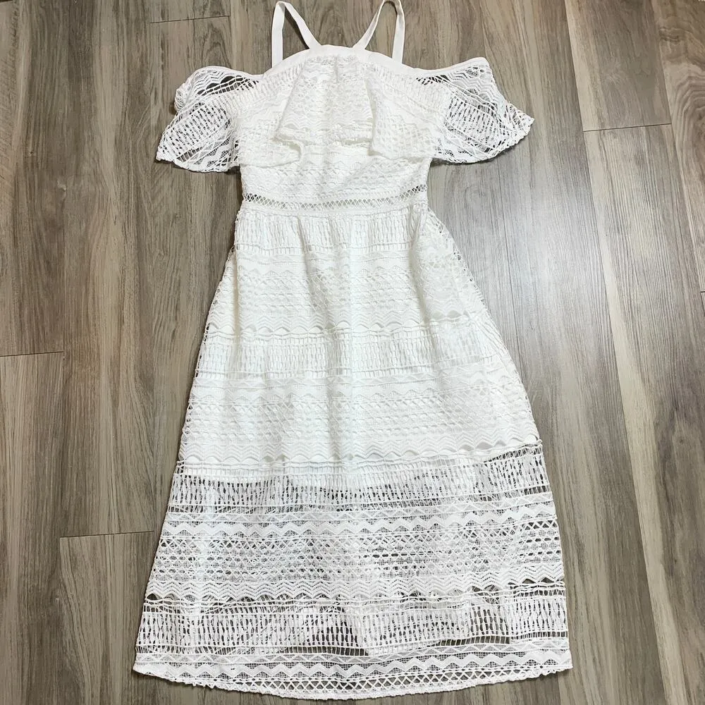 Two Sisters The Label Sheffield Cold Shoulder Bridal Ruffle Lace Midi Dress S White - Image 5
