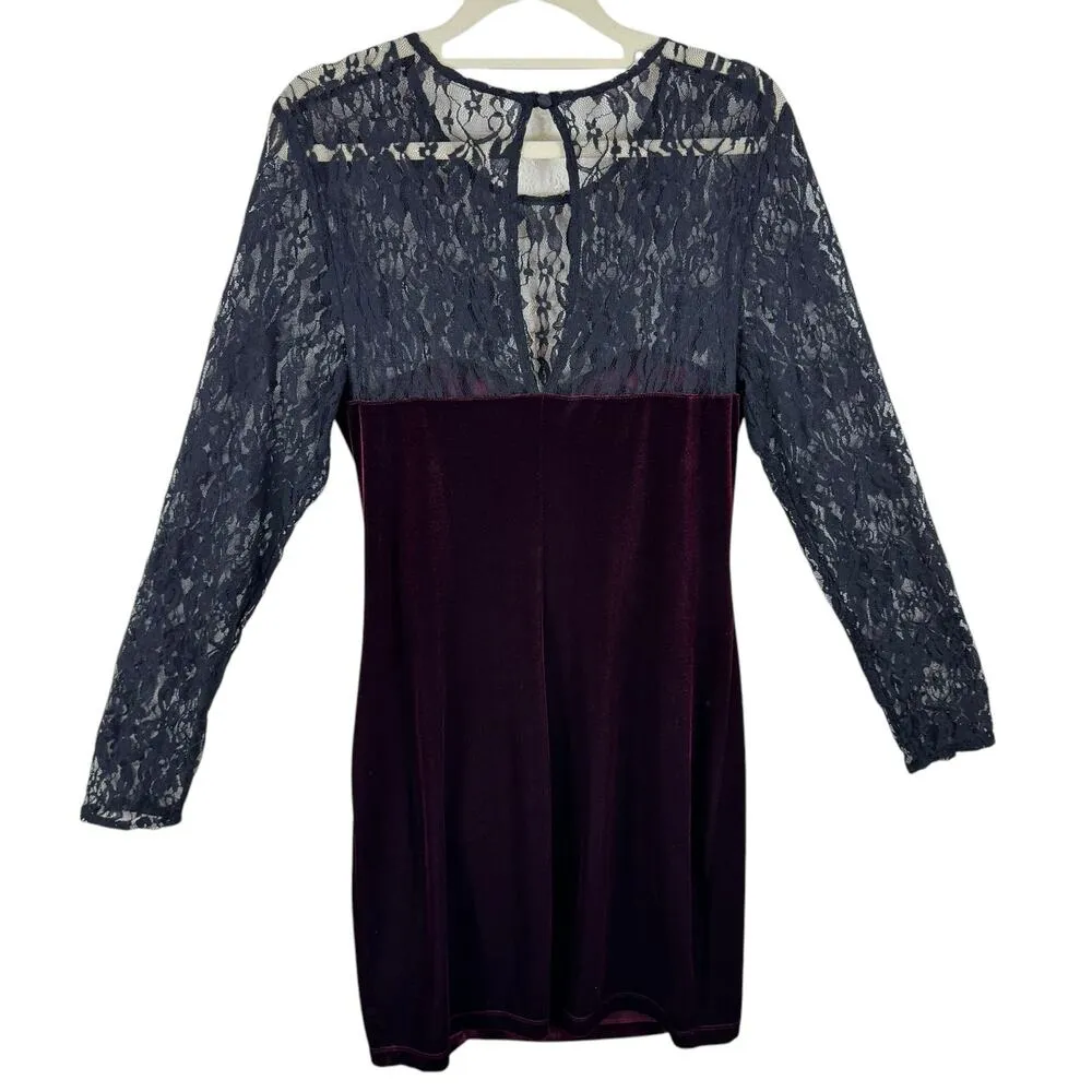 Bisou Bisou Burgundy Velvet Black Lace Long Sleeve Knee Length Sheath Dress 12 - Image 2