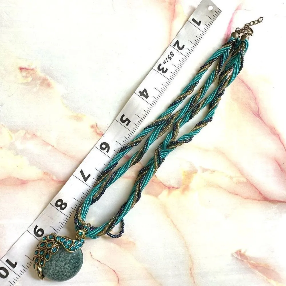 Rhinestone peacock beaded pendant necklace Gold - Image 4