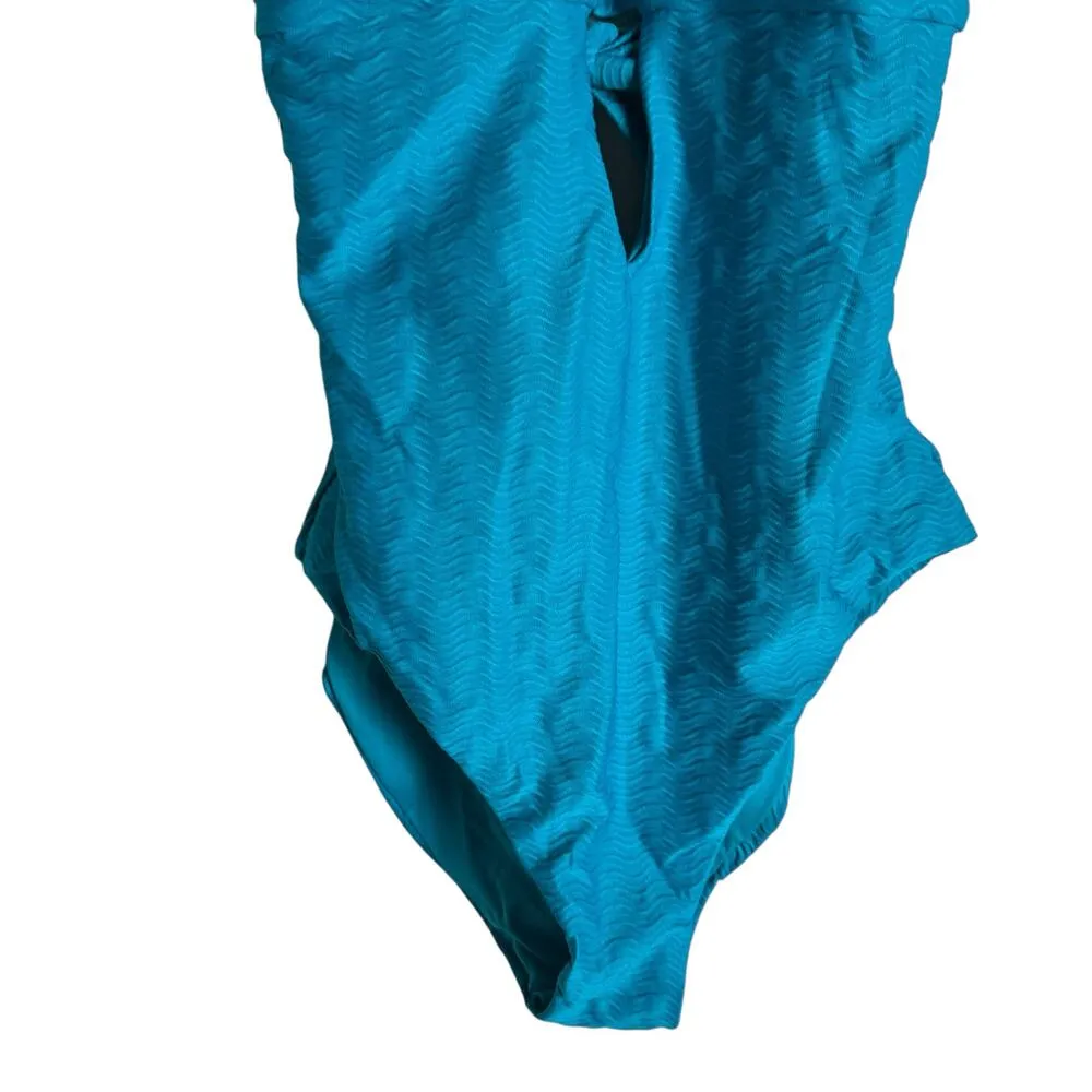 Becca Vibes Tessa Texture Crossover High Neck One-Piece Swimsuit Gulf Blue Small - Image 5