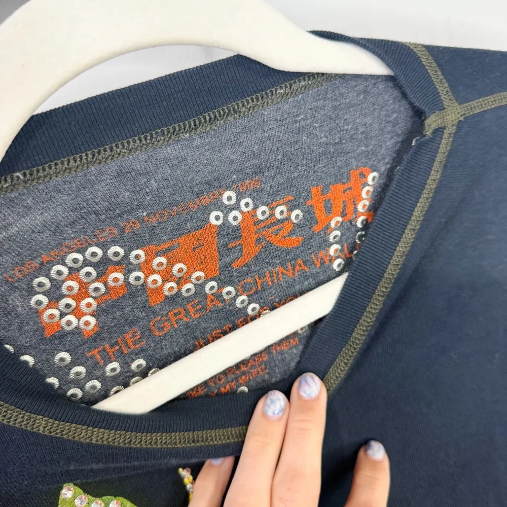 VTG 1999 Great China Wall Tattoo Top Studded Rhinestones Crystals Y2K Vibes M Black - Image 5