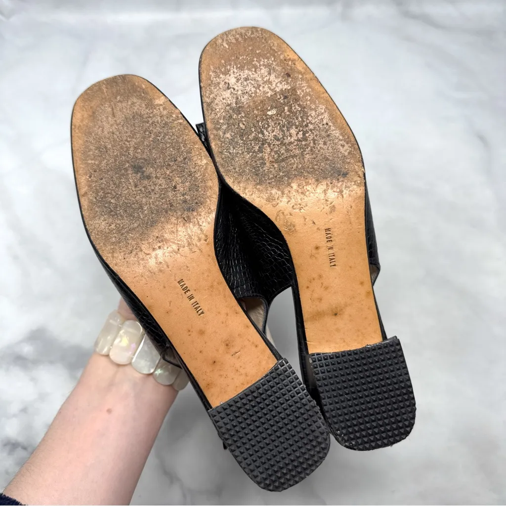 Salvatore Ferragamo Bow Embellished Croc Leather Slingback Low Heels Black 6 - Image 11