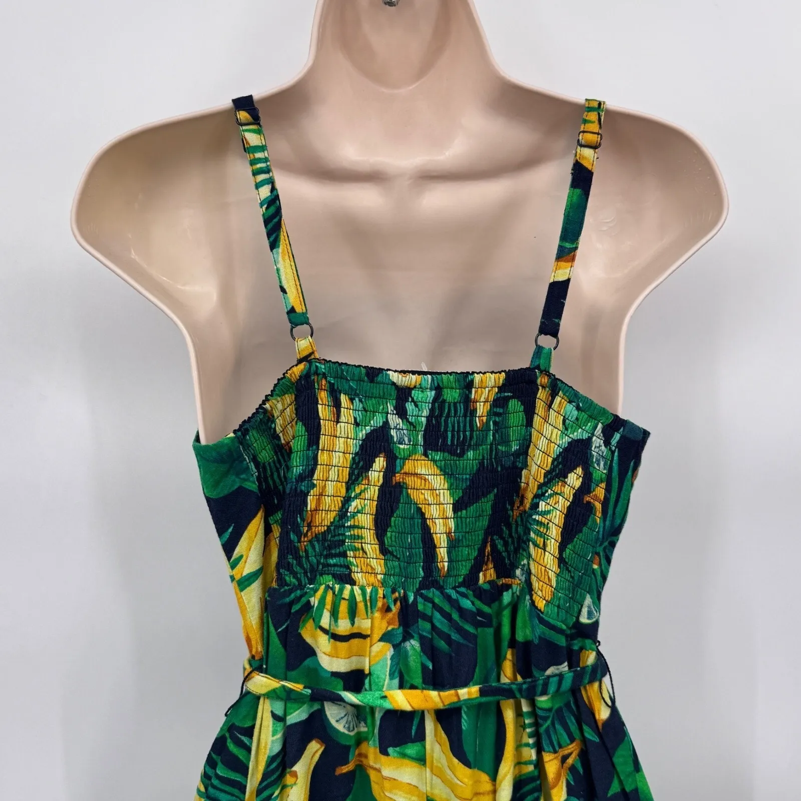 Old Navy Tropical Banana Maxi Dress Womens S  Blue Green Cotton Blend‎ Tie Belt - Image 5