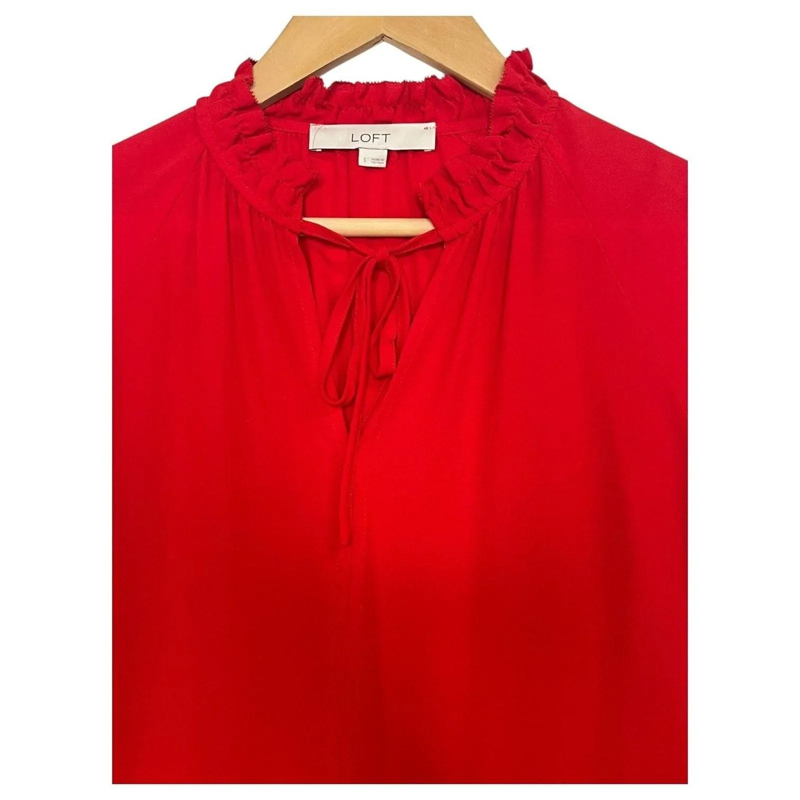 LOFT Blouse Womens Small Red Ruffle Peplum Long Sleeve Top Keyhole Holiday Sheer - Image 6