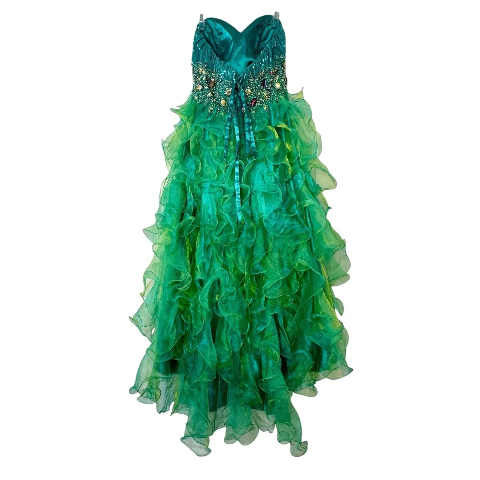 FIESTA Emerald Green Peacock High Low Ruffled Gown Dress Sequin Bling Glam Sz L Size L - Image 8