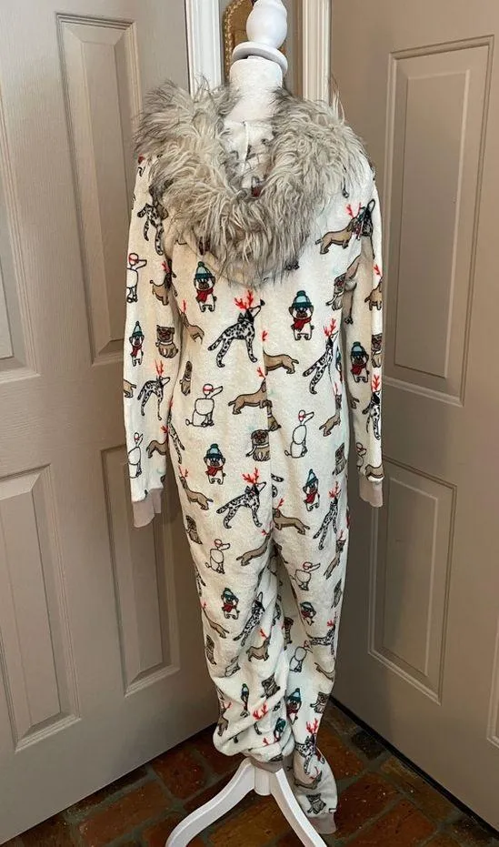 Holiday Time dog print Christmas one piece zip up pajamas fur trim hood. Size M. - Image 5