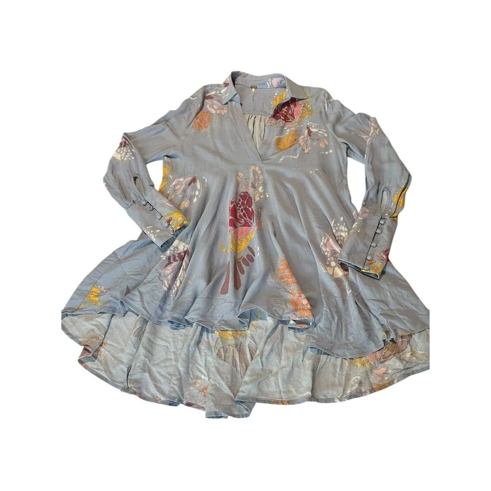 Free People Size Small Periwinkle‎ Floral Long Sleeve Tunic Blouse Women's #A2-1 - Image 3