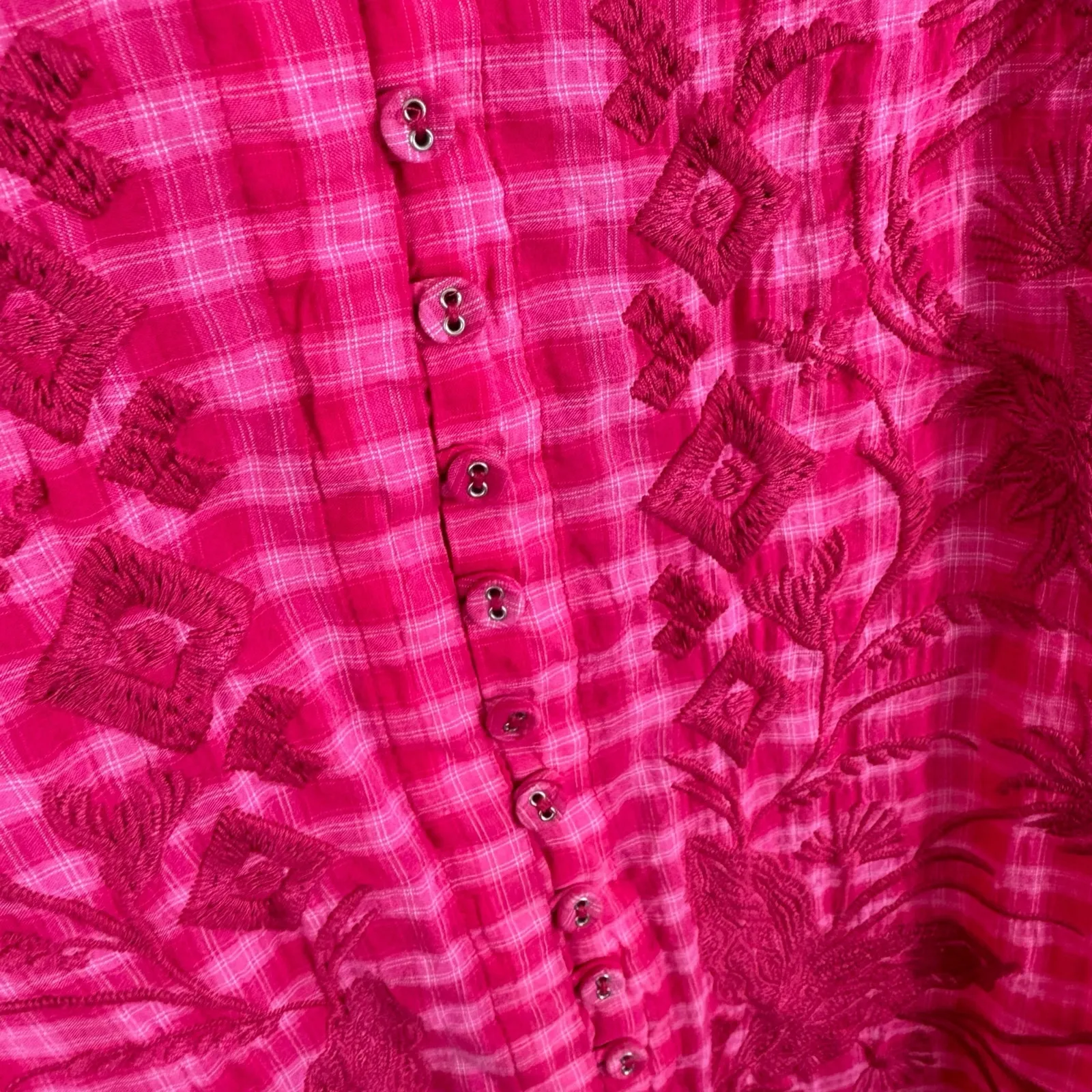 Johnny Was Devere Breezy Pink Gingham Short Sleeve Button Up Lined Mini Dress XL - Image 4