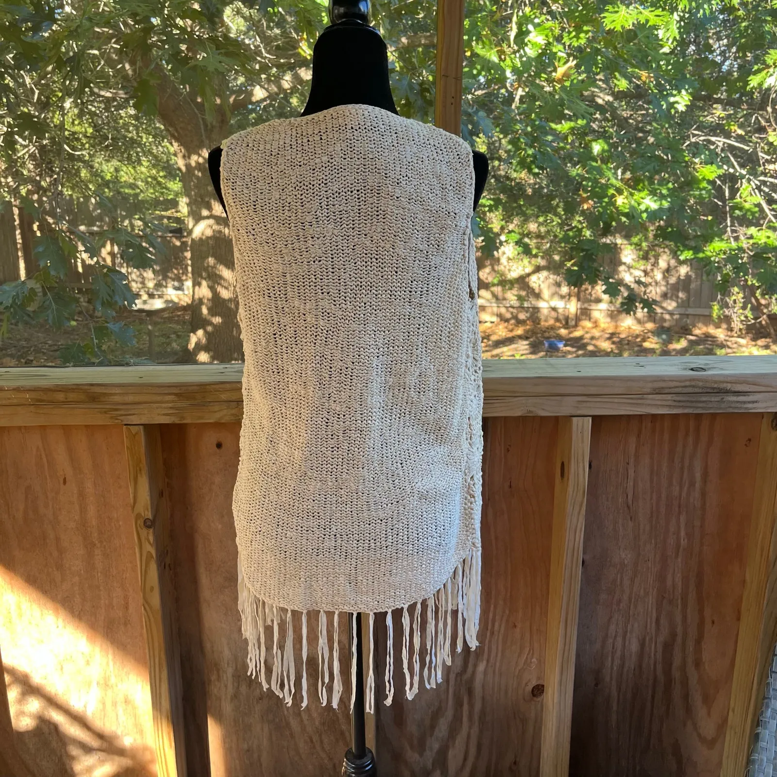 Reba Women's Tan Crocheted Open Vest Cardigan Fringe Trim Size M Size M - Image 3