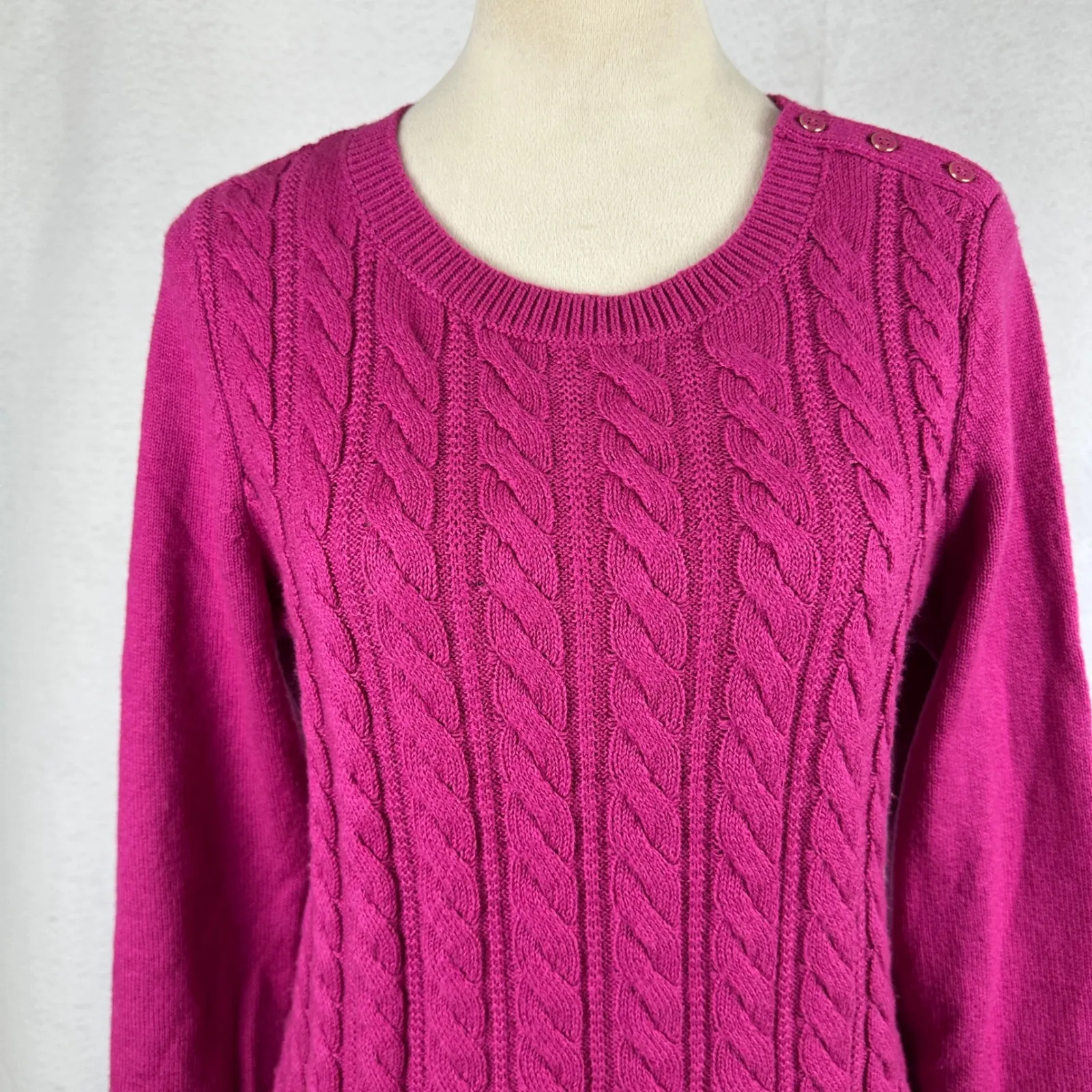 Talbots‎ Cable Knit Crew Neck Sweater Raspberry Pink Buttons Womens Medium - Image 2