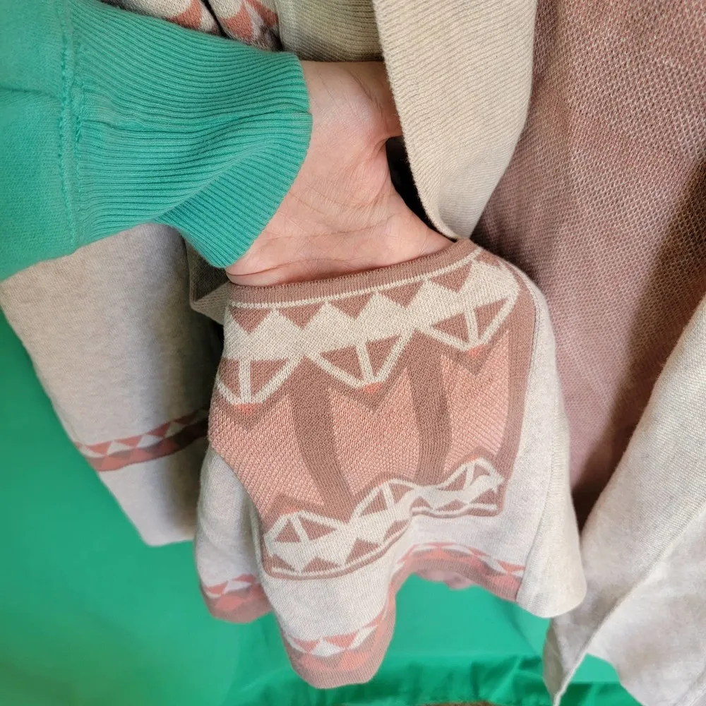 Yet Again Tan Rust Brown Boho Aztec Knit Open Front Women's Cardigan Size Large - Image 7