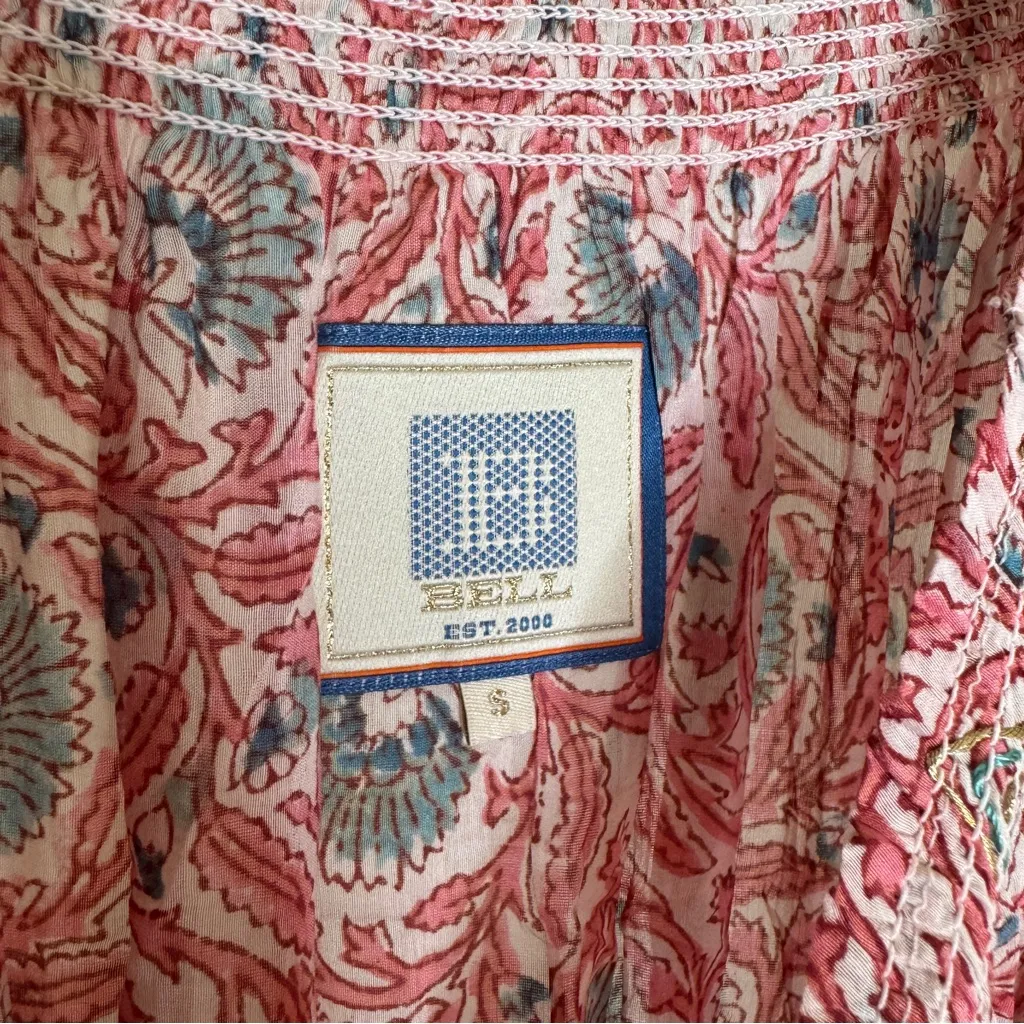 Bell by Alicia Bell Block Print Boho Long Sleeve Dress Silk Made in India Small Pink - Image 12