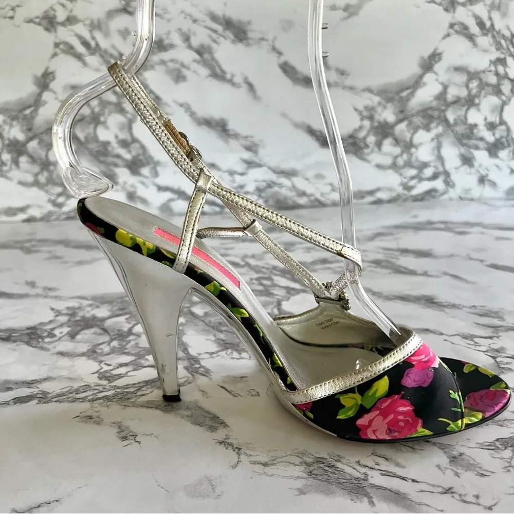 Betsey Johnson Sandals Black Silver Floral Rhinestone Strappy 8 - Image 12