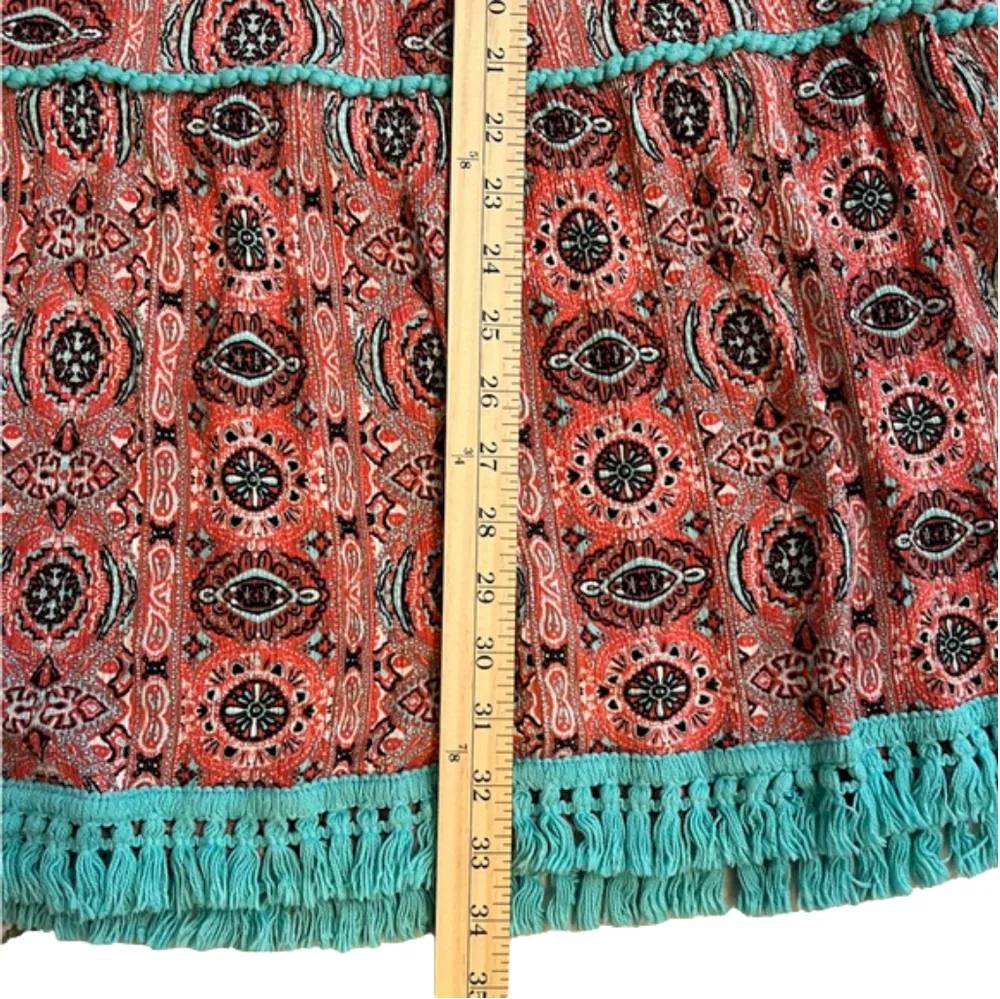 Uncle Frank coral mandala shift dress with piping and fringe, EUC size S - Image 6