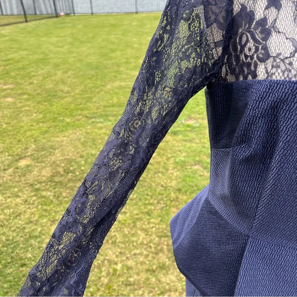 David Meister Blue Lace Long Sleeve Peplum Dress - Image 5