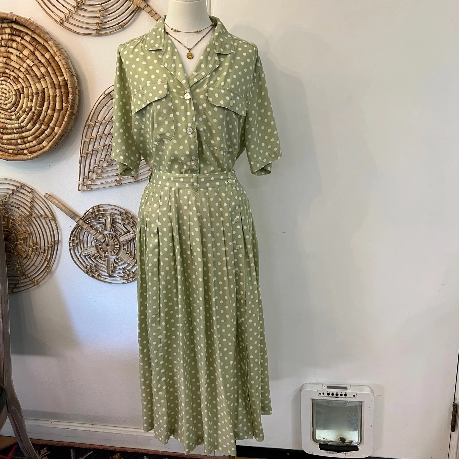 Vintage CHAU 80s Sage Green Polka Dot Rayon Button Top Midi Skirt Set Size 12 - Image 2