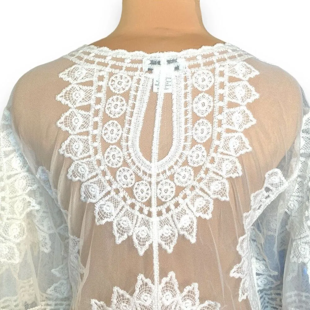 Rachel Zoe Kimono Sheer White Embroidered Lace Long Open Front Boho Swim Coverup - Image 8