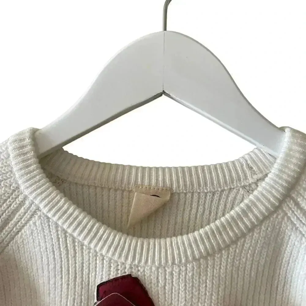 Kinddog Unique Long Sleeves Cropped Girl Womens Ivory Red Winter Cozy Sweater S White - Image 2