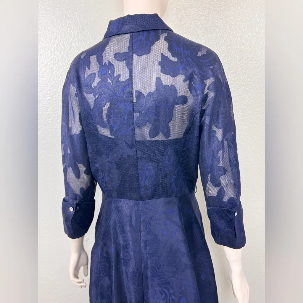 TERI JON Navy Blue Formal Shirtwaist Gown Organza Jacquard Modest Sleeves S 14 Size 12 - Image 12