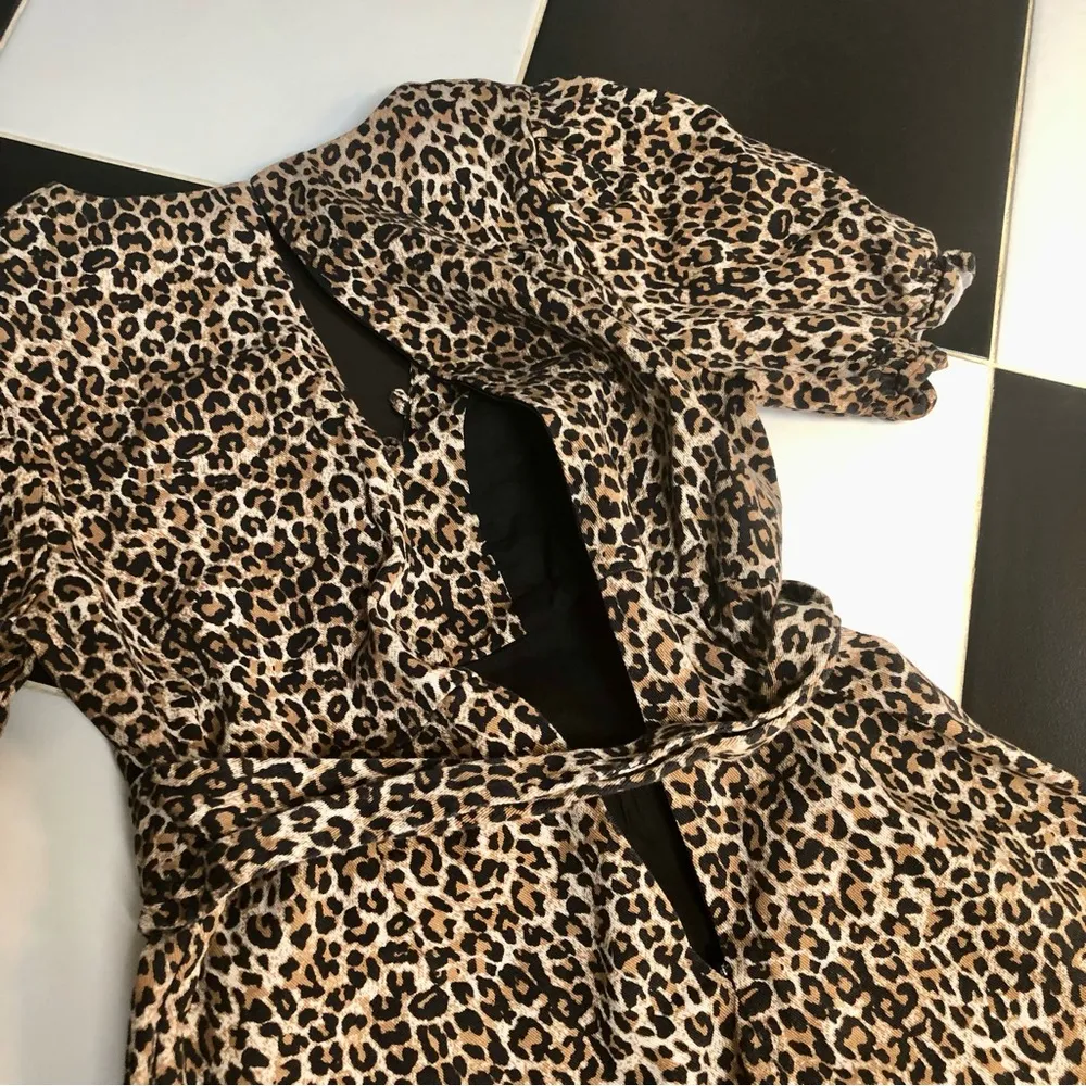 Belted Leopard Print Denim Mini Dress Long Sleeve Safari Neutrals L - Image 14