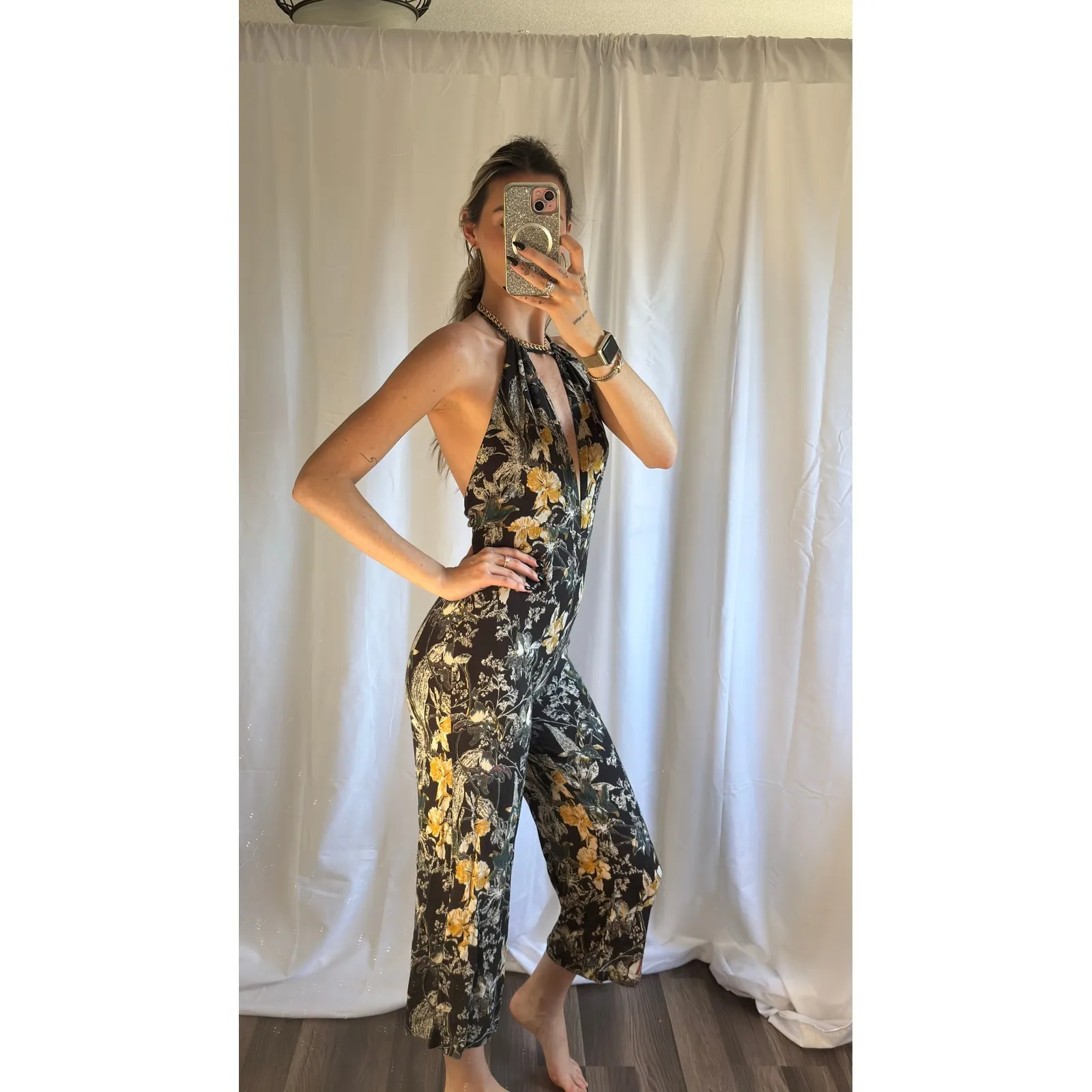 $108 Free People Floral Halter Neck Wide Leg Jumpsuit Black Yellow Size 2 - Image 4