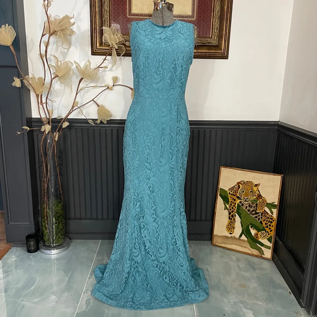 NWT Rebecca Vallance Mae Dress Cutout Fluted Corded Lace Blue Gown - Image 4