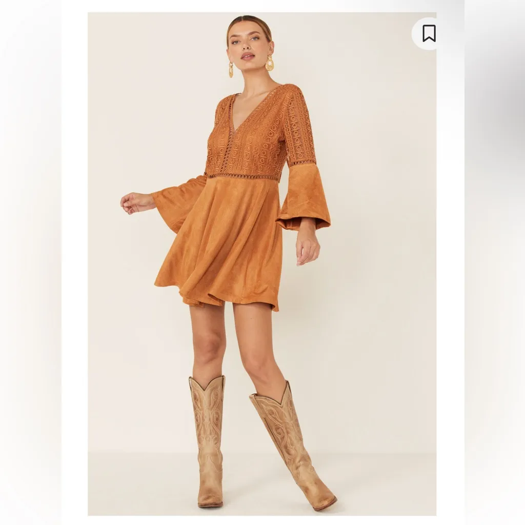 Eyelet Cut Out Western Faux Suede Dress Burnt Orange Tan Color with Bell Sleeves Size XL - Image 4