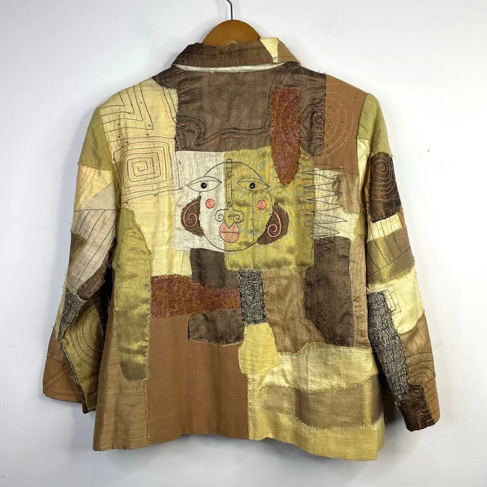 Vintage Y2K Sandy Starkman Silk Patchwork Tribal Abstract Faces Cropped Jacket L Brown Size L - Image 12
