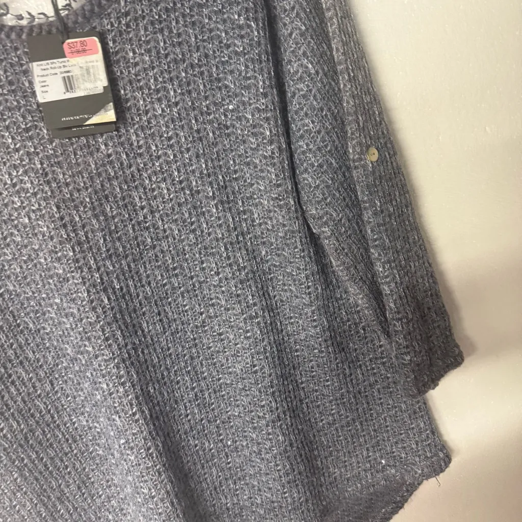 M Made In Italy Sweater Women L Blue Knit Sparkly Sequin V Neck Lace Floral Back Size L - Image 4