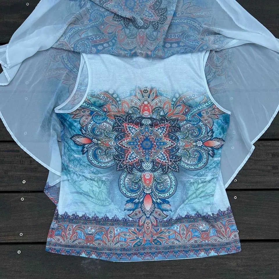 White/Multi-Colored Westport 1962 Boho Rhinestone Chiffon Layering Angel Top - Image 6