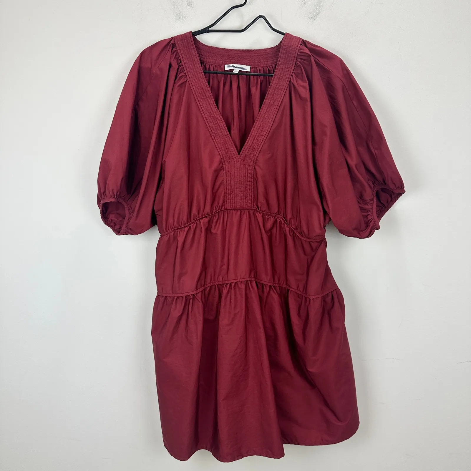 Madewell Puff Sleeve Mini Dress Poplin Claret Burgundy A Line Pockets Large - Image 7